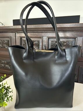 BCBGMaxAzria Black Leather Double-Handle Tote with Gold Accent